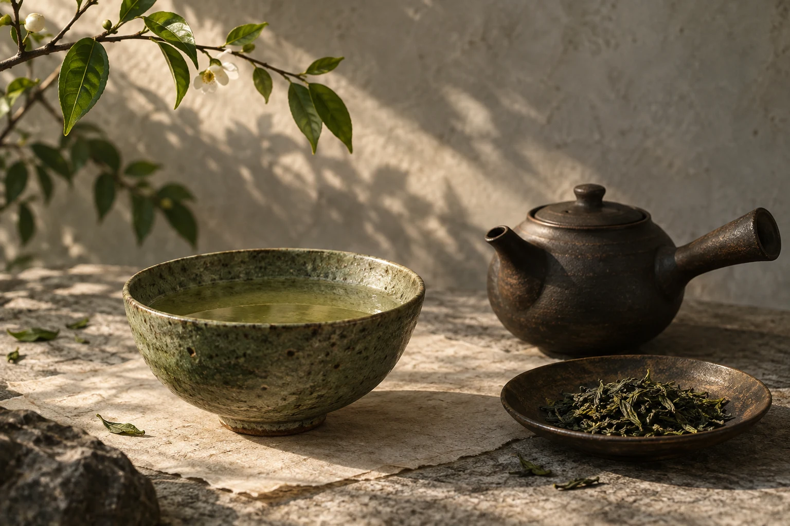 斜照日光下的苔绿茶碗、深褐陶壶与一碟茶叶